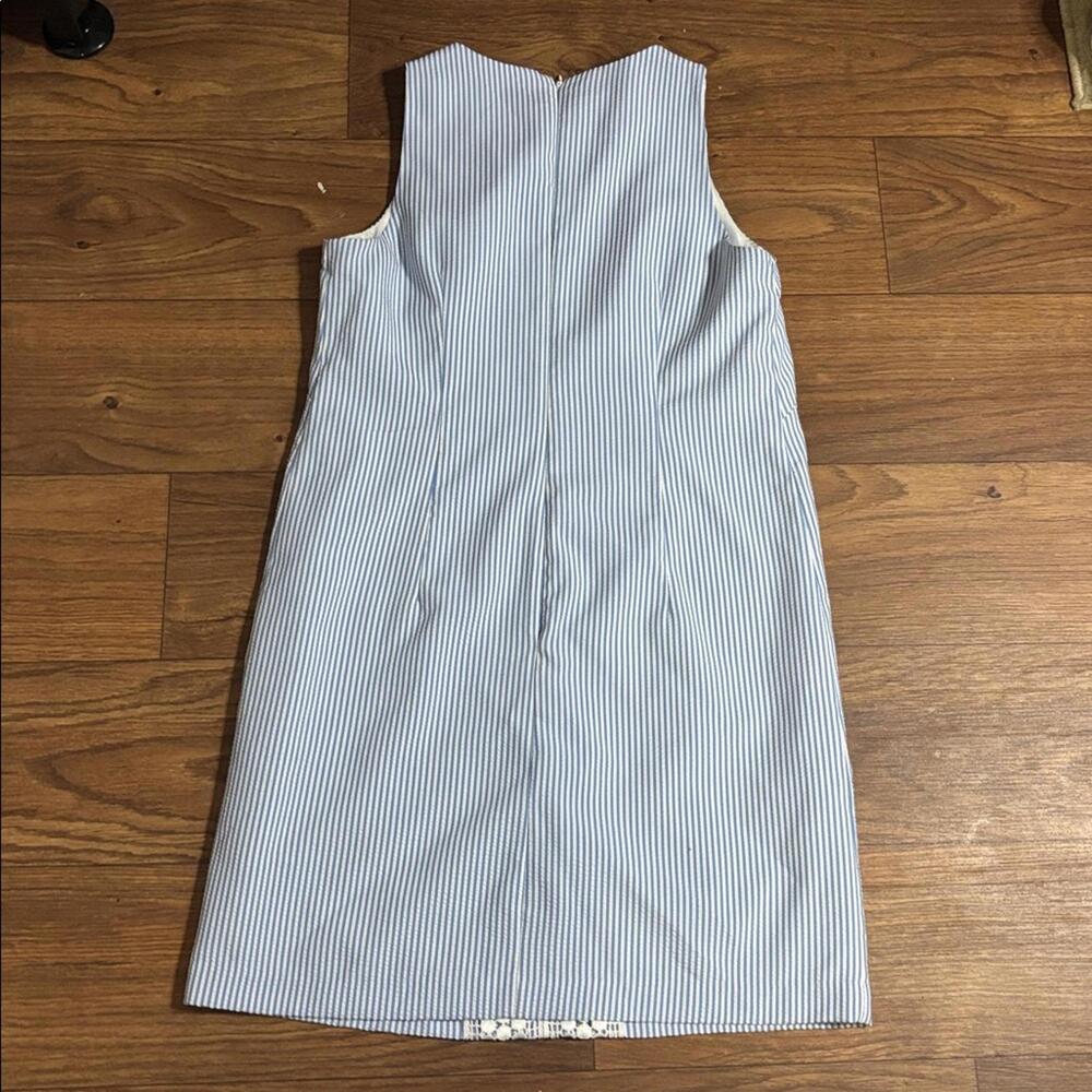 London Times Blue and White Striped Seersucker Sleeveless Sheath Dress Office - Picture 5 of 8